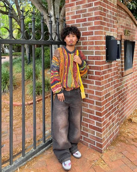 How about his color? 🦔 Outfit info 👇🏻 • • • 📸 @dannynguyenn_ 🇺🇸 👔Top : coogi 👖Bottom : jaded london 👞Shoes : adidas • • • • • • colorful oversized patern knit, baggy black jeans, yellow bag, white sneakers, men’s outfit, united states Jaded London Sweater, Jaded London Jeans Outfit, Layered Jacket Outfit, Jacket Over Sweater, Coogi Sweater Outfit, Cropped Flannel Outfits, Baggy Sweater Outfits, Yellow Shoes Outfit, Brown Cardigan Outfit