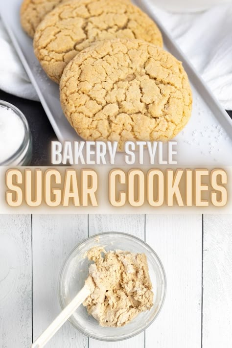 Whip up a batch of these irresistible easy sugar cookies; make them 'normal size' or 'giant.' They have the perfect balance of crispy edges and gooey centers—one of my kids favorite cookies! These easy sugar cookies can be ready for the oven in 5 minutes or less. A sweet crisp outside with gooey soft inside. A yummy bakery style sugar cookie recipe everyone will enjoy. Small Crumbl Sugar Cookie Recipe, Tupperware Sugar Cookie Recipe, Easy Pantry Cookies, Gooey Sugar Cookies, Big Soft Sugar Cookie Recipe, Subway Sugar Cookie Recipe, Big Soft Sugar Cookies, Best Jumbo Cookie Recipes, Thick Chewy Sugar Cookies