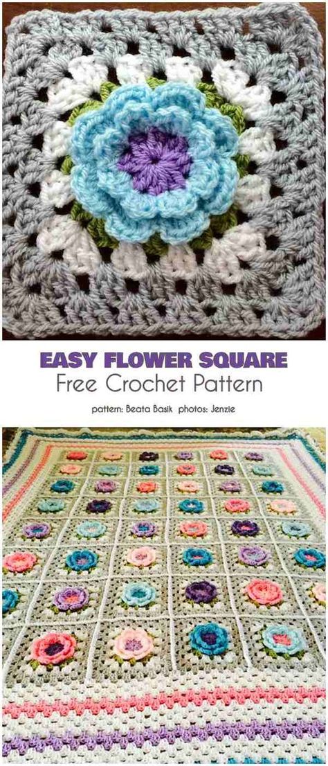 Easy Flower Blanket Free Crochet Pattern Flower Square Crochet, Crochet Flower Square, Crochet Flower Granny Square Pattern, Motifs Granny Square, Crochet Flower Squares, Sunburst Granny Square, Crochet Flower Blanket, Flower Granny Square, Granny Square Crochet Patterns Free