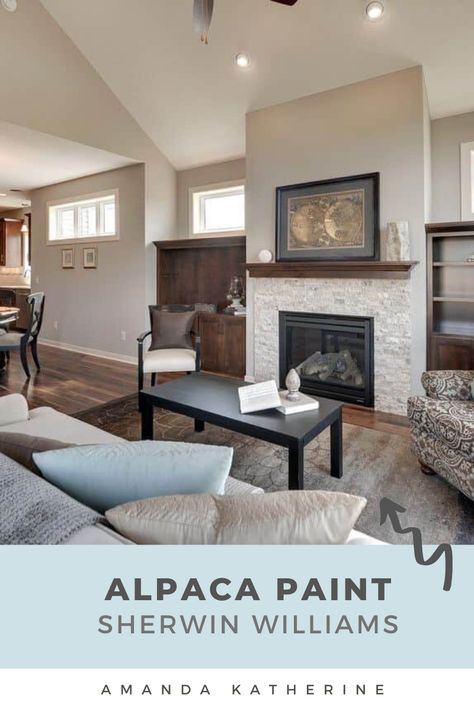 Let’s take a look at Alpaca in some real life spaces so you can see how it looks! As with most neutral paint colors, they are fairly flexible and can be used in a variety of rooms and spaces.  It’s often used as a main color in large rooms such as living rooms and kitchens. The other materials in your room such as flooring and any fireplace stone or wood furniture and window treatments can impact how the color looks Living Room Paint Color Ideas With Stone Fireplace, Sherwin Williams Alpaca Living Rooms, Sw Alpaca Paint, Sherwin Williams Alpaca, Alpaca Sherwin Williams, Light Paint Colors, Warm Paint Colors, Greige Paint, Greige Paint Colors