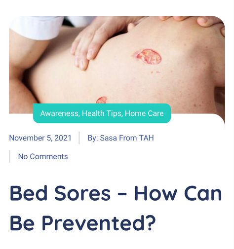 Bedsores are ulcers that happen on specific areas of the body that are under pressure from lying in bed, sitting in a wheelchair or wearing a cast for a prolonged time. Since it is a common condition in bedridden patients, let’s get to know more👇 #TreatatHome #SasafromTAH #HomeCare #Bedsores #TreatatHomeApp Bedridden Patient Care, Old Age Home, Bed Sores, Pressure Ulcer, Lying In Bed, Poor Nutrition, Canker Sore, Online Consultation, Pelvic Pain