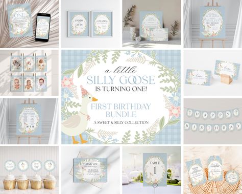 Blue Floral Silly Goose First Birthday Bundle Printable Template, Little Duck Theme 1st Birthday Girl, Pastel Floral Gingham Birthday WP1023 Goose First Birthday, Goose Birthday, Peach Party, Silly Goose, Bottle Wrapping, Party Bundles, Bridal Shower Welcome Sign, Little Duck, Favors Sign