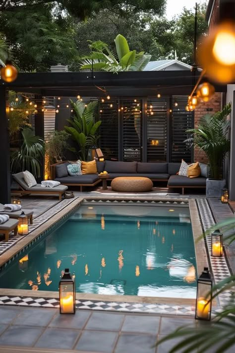 Backyard Landscaping Small Pool, Small Pool Garden Ideas, Backyard Ideas With Small Pool, Tiny House Patio Outdoor Spaces, Small Backyard With Inground Pool, Small Gardens With Pool, Luxury Small Backyards, Outdoor Patio Ideas Pool, Landscape Pool Backyard