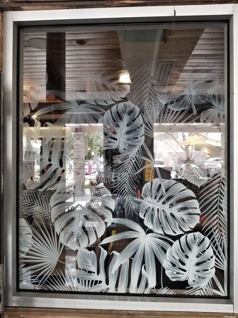 Glass Murals Design, Boutique Store Front Window Ideas, Window Etching Designs, Restaurant Glass Sticker Design, Privacy Glass Ideas, Cafe Glass Design, Tropical Window Film, Restaurant Window Design, Window Glass Etching Designs