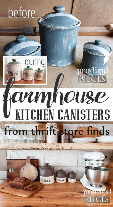 Kitchen Canisters Diy, Canisters Diy, Farmhouse Kitchen Canisters, Kitchen Crafts Diy, Diy Farmhouse Ideas, Diy Farmhouse Decoration, Pinterest Fail, Thrift Store Makeover, Thrift Store Diy