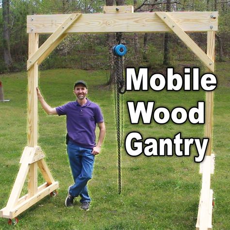 Wooden Gantry Crane Diy Gantry Crane Ideas, Diy Crane Lift, Gantry Crane Diy, Sawmill Projects, Garage Workbench Plans, Homemade Tractor, Mobile Crane, Engine Stand, Crane Lift