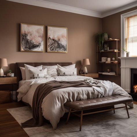 Brown Walls Master Bed, Brown Walls Interior Design, Dark Blush Bedroom, Sandy Color Bedroom, Brown Room Color Ideas, Brown Color Bedroom Ideas, Bedroom Wall Color Ideas Neutral, Tan Bedroom Walls Color Pallets, Brown Toned Bedroom