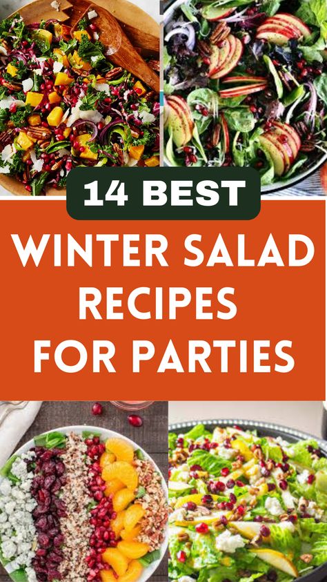 Discover 14 of the Best Winter Salad Recipes perfect for parties! These hearty, flavorful salads are packed with seasonal ingredients like roasted veggies, citrus fruits, and grains, bringing warmth and color to any winter gathering. Perfect as side dishes or main courses, they add a fresh twist to holiday tables, potlucks, and cozy dinners. Try these vibrant salads for a wholesome, crowd-pleasing addition to your winter celebrations! Winter Side Salad Best Party Salad Recipes, Veggie Side Salad Recipes, Salads For Tea Party, Not Boring Salads Healthy Recipes, Meal Sized Salads, Salad Recipes For Side Dish, Yummy Green Salads, Best Dinner Salad Recipes, Really Good Salad Recipes