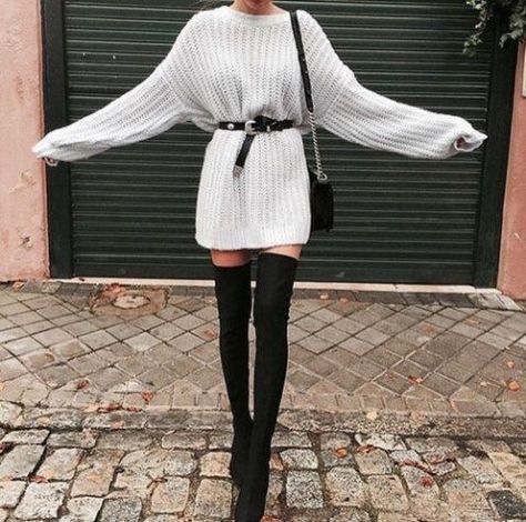 15 Must-Have Outfits With Black Thigh High Boots - Society19 Thigh High Boots Outfit, Over The Knee Boot Outfit, Knee Boots Outfit, Black Thigh High Boots, High Boots Outfit, Sweater Dress Outfit, Sweater Dress Oversized, Black Thigh High, Street Style Winter