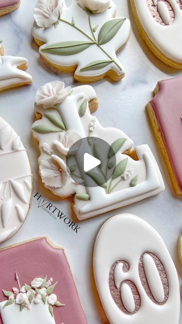 Jessica on Instagram: "🌸Okay, last floral design from the 60th birthday set of cookies. I had plans to deviate and incorporate different types of florals throughout this order—- but I clearly enjoyed this design and decided not to over complicate things (a rarity 😅). I kept these cookies super neat and clean to try and match the birthday lady’s fun and elegant personality, and it resulted in such a cohesive set that I positively adore! Side note - I’m a little picky when it comes to cookie cutters, and @6bittersweets gets it! Her collection of letter cutters is perfect! The floral and greenery embellishments are so perfectly placed and maintain the integrity of delicate and slender letters, like this letter “L.” 10/10 recommend. 💯 . . . . . . . #cookies #sugarcookies #sugarcookiesofinst Birthday Cookies Royal Icing Women, 60th Birthday Royal Icing Cookies, Elegant Cookies Decorated, 60th Cookies Birthday, 60th Birthday Cookies Decorated, Elegant 60th Birthday Cake For Ladies, 60th Cookies, 60th Birthday Cookies For Ladies, Letter Cookies Decorated