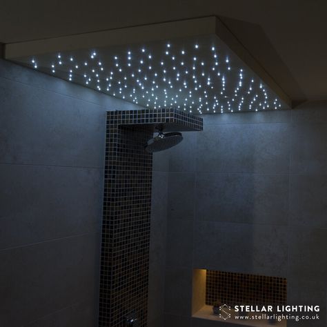 like Cool Shower Lighting, Star Ceiling Bathroom, Bathroom Stars Ceiling, Mood Lighting For Bathroom, Bathroom Shower Ceiling Ideas, Lighting In Showers Walk In, Ceiling Shower Design, Led Lights In Bathroom Ideas, Shower Lights Ideas