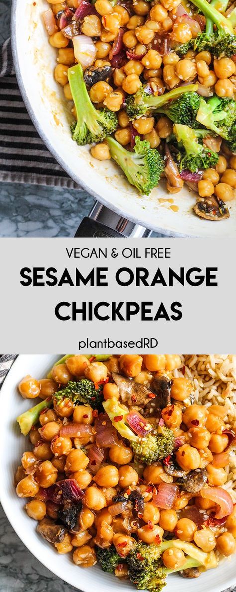 Sesame Orange Chickpeas (vegan & oil free) – Plant Based RD Orange Chickpeas, Meatless Meal Prep, Chickpea Meal Prep, Vegan Curries, Cleanish Eating, Chickpea Plant, Vegan Oil Free, Chickpeas Recipe, Oil Free Vegan Recipes