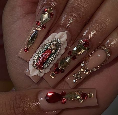 Nails Acrylic For Mexico, Red Nail Set With Gems, Nails For Quinceanera Red, Virgencita Nails Red, Mexican Style Acrylic Nails, Acrylic Nails With Virgin Mary, Pink Quinceanera Nails Medium, Mexican Quince Nails, Red Virgin Mary Nails