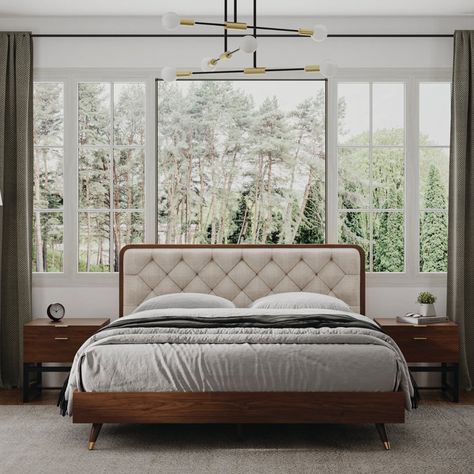 Ezra Solid Wood Mid Century Bed Frame Mid Century Bed Frame, Leather Kitchen Chairs, Wood Mid Century, Mid Century Bed, Queen Platform Bed Frame, Tufted Upholstered Headboard, Modern Platform Bed, Queen Platform Bed, Wood Bed Frame