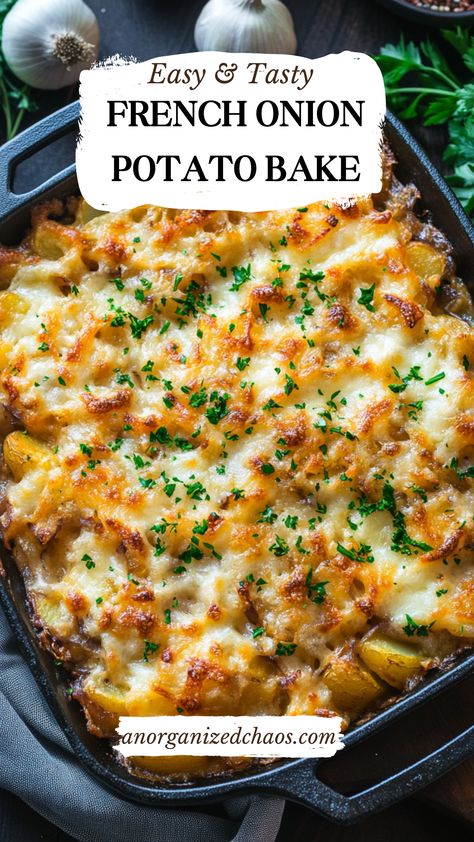 "Indulge in the ultimate comfort food with this **Homemade French Onion Potato Bake**! Creamy layers of tender potatoes smothered in a rich, caramelized French onion sauce, topped with gooey melted cheese. This easy-to-make casserole is perfect for family dinners, potlucks, or holiday sides. Your new go-to potato recipe for unbeatable flavor! 🍴✨" French Onion Au Gratin Potatoes, French Onion Dip Potatoes, French Onion Potato Soup, French Onion Soup Mix Potatoes, French Onion Baked Potatoes, Potato And Onion Casserole, Onions And Potatoes Recipes, Potato Side Recipe, French Onion Potatoes Lipton