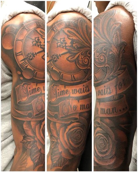 Time Waits For No One Tattoo, Upper Half Sleeve Tattoos For Guys, Upper Half Sleeve Tattoos, Upper Arm Tattoos For Guys, People Tattoos, Black People Tattoos, Body Armor Tattoo, Arm Tattoos For Guys Forearm, Time Waits For No One