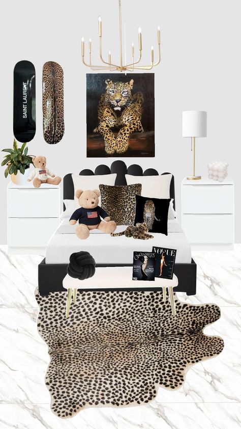 🐆 Nyc Aesthetic Room Decor, Emerald Green And Cheetah Bedroom, Animal Print Room Aesthetic, Leopard Rug Bedroom, Black And Cheetah Bedroom, South Dakota Glam Decor, Cheetah Print Room Aesthetic, Cheetah Room Aesthetic, Leopard Print Room Ideas