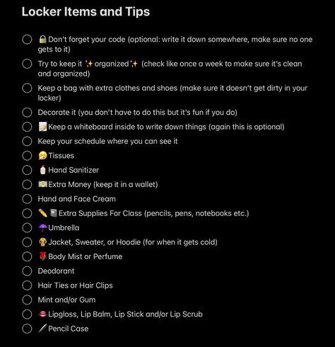 High School Locker Essentials, Locker Supplies List, Pe Locker Ideas Middle School, Y2k Locker Ideas, School Locker Snacks, Preppy Locker Ideas School, Things To Have In Your Locker, What To Keep In Locker, Locker Decorations Aesthetic Middle School