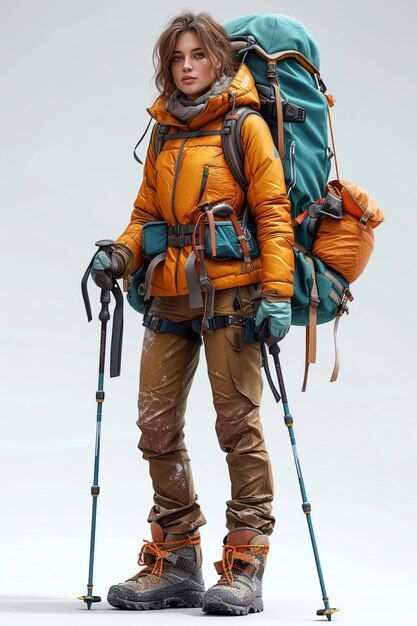 Photo full body character design of hike... | Premium Photo #Freepik #photo Backpack Pose, Full Body Character Design, Body Character Design, People Base, Full Body Character, Camping Fashion, Trekking Outfit, Inktober 2024, Camping Style