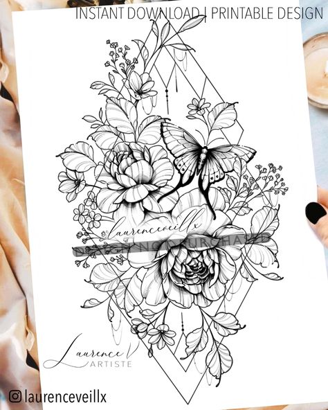 Peonies Luna Moth and Triangles Design to download, print and get tattooed by your tattoo artist. Floral and feminine. ♡ Recommended placement : Thigh/hip, back, shoulder ♡ NO WAITING TIME: This design is available for download after purchase.  After purchase, you will see a link "See your files" which leads you to the Downloads page. From there, you can download all the files associated with your order.    ♡ Learn more about digital downloads here: https://www.etsy.com/help/article/3949     ♡ D Moth And Flower Tattoo, Triangles Tattoo, Artemis Tattoo, Triangles Design, Tattoo 2023, Diy Drawing, Tattoo Templates, Stencils Printables, Leg Tattoos Women