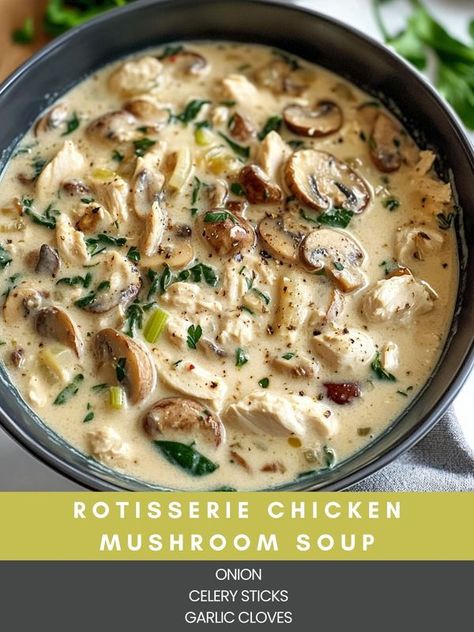 Rotisserie Mushroom Chicken Soup, Rotisserie Mushroom Soup, Creamy Rotisserie Chicken Mushroom Soup, Creamy Chicken And Spinach Soup, Creamy Spinach-artichoke Chicken Stew, Rotisserie Chicken Mushroom Soup Recipes, Rotisserie Chicken And Mushroom Soup, Creamy Rotisserie Chicken Soup, Creamy Chicken Mushroom Soup