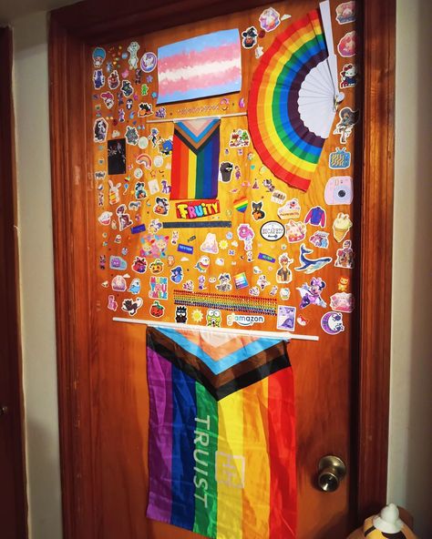 My bedroom door! #ageregression #agere #ageregressionsfw #boyregressor #dontsexualizemyregression #boyregressorsfw #babycoresfw #toddlercoresfw #kandikid #decoration #rainbow #🌈 #🏳️‍🌈 #transgender #trans #🏳️‍⚧️ #mylittlepony #sanrio #hellokitty #monsterhigh #pride #lgbtqia #loveislove #mlp #minniemouse #dopaminedecor Lgbtq Bedroom Ideas, Pride Bedroom Ideas, Pride Flag Bedroom, Trans Bedroom, Trans Pride Aesthetic, Lgbtq Room Ideas, Gay Bedroom, Pride Decorations, Grunge Bedroom