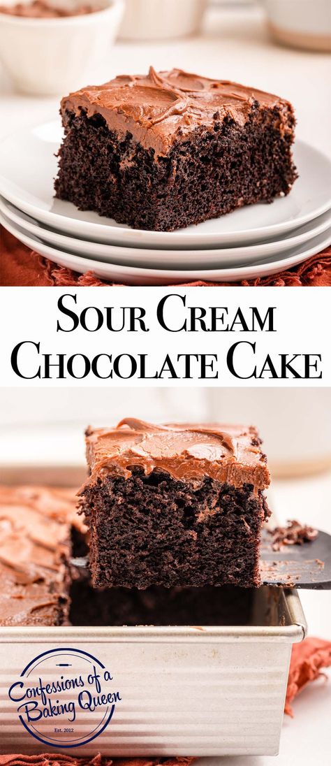 This sour cream chocolate cake recipe is moist and chocolatey. It’s easy and simple to make. And it’s the best recipe for chocolate cake for beginners. Learn how to make this sour cream chocolate cake here. Easy Sour Cream Cake, Cakes With Sour Cream Recipe, Cakes With Sour Cream, Sour Cream Cake Mix Recipe, Easy 9x13 Cake Recipes, Cake Recipes Using Sour Cream, Cream Cheese Chocolate Cake, How To Add Sour Cream To Box Cake, Sour Cream Recipes Baking