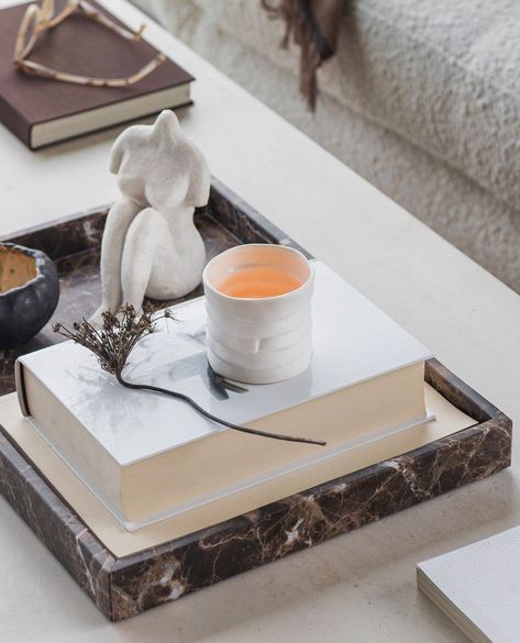 Declutter and restyle your coffee table top with the majestic MARBLE tray. Each tray is a unique expression of natural beauty, with variations in colour and structure that make every piece distinct, making it the perfect base for your still lifes. Marble Tray Decor Coffee Tables, Marble Tray Decor, Tray On Coffee Table, Coffee Table Decor Tray, Marble Tray, Royal Design, Quiet Moments, Coffee Table Books, Tea Light Holder