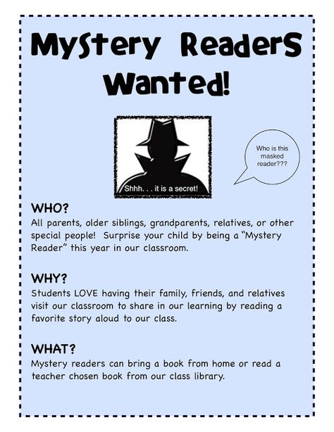 At Back to School Night – I always have a Mystery Reader Sign-up.  This is one of those ideas that if you aren’t doing it – you should start this year!  A Mystery Reader is a surprise visit from a family member (moms, dads, grandparents, siblings, uncles, aunts, etc).  They bring a favorite picture book … Preschool Special Persons Day, Parent Involvement Ideas Preschool, Family Literacy Night, Fairy Dust Teaching, Read A Thon, Family Involvement, Family Literacy, Parent Involvement, Back To School Night