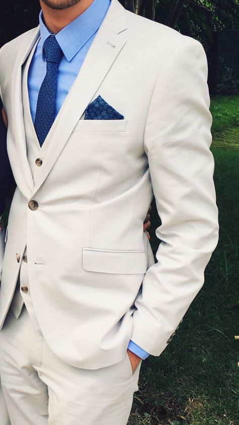 Pale Blue Suit Mens, Cream Suit With Blue Shirt Men, White Suit Blue Shirt, White Suit Blue Tie, Beige Suit With Blue Tie, Beige Suit Blue Shirt, Beige Suit Blue Tie, Tan Suit Blue Tie, Cream Suits For Men Wedding