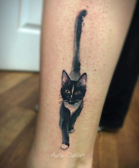 Aura Dalian Tortie Cat Tattoo, Cat Tattoo Realistic, Tuxedo Cat Tattoo, Torti Cat, Tattoos For Women Cat, Watercolor Cat Tattoo, Black Cat Tattoo, Watercolor Tattoo Artists, Gemini Zodiac Tattoos