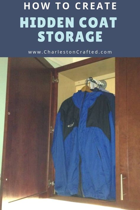 how to create hidden coat storage when you don't have an entryway coat closet #coatcloset #entryway #organization #storage #storageideas Coat Storage Small Space, Entryway Coat Closet, Jacket Storage, Garage Game Rooms, Jacket Hanger, Standing Closet, Monkey Wall, Coat Storage, Apartment Checklist