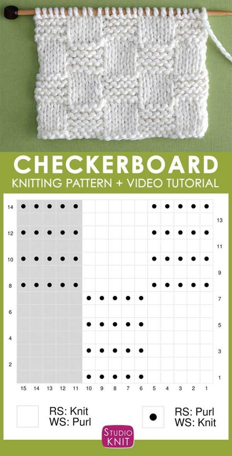 Checkerboard Knitting Pattern, Knit Chart, Studio Knit, Loom Knitting Patterns, Knit Stitches, Knitting Instructions, Crochet Patterns Free Blanket, How To Purl Knit, How To Knit