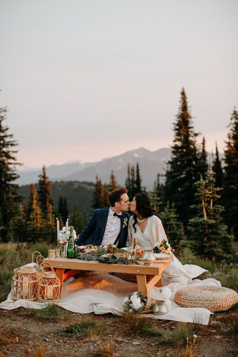 Manning Park is the perfect place if you are dreaming of a mountain wedding! This beautiful summer elopement at the Sub Alpine Meadows was as dreamy as it gets! Tap the photo to see more of their mountain wedding ceremony, a luxury wedding reception picnic set-up and so many golden hour wedding photos your heart will melt! Seriously, you are going to want to see this wedding cake, picnic reception and even some after dark photography!! Looking for a Vancouver wedding photographer? Let's chat!! Mountain Elopement Picnic, Mountain Top Picnic, Picnic Elopement Photography, Elopement Set Up Ideas, Acadia Elopement, Elopement Pics, 2023 Elopement, Mountain Wedding Reception, Mountain Picnic