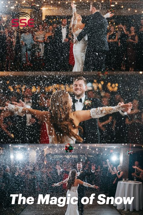 Bride and groom dancing in snow made from snow machine. Fake Snow Wedding Send Off, Snow Machine Photo Shoot, Fake Snow Wedding Exit, Snow Machine Wedding Exit, Winter Wedding Night Photography, Snow Machine, Snow Wedding, Machine Photo, Cleveland Wedding