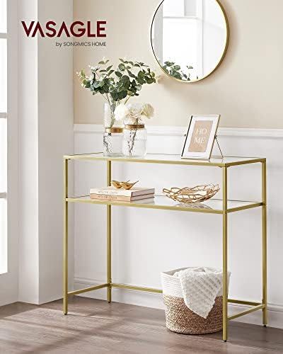 VASAGLE 39.4 Inch Console Sofa Table, Modern Entryway Table, Tempered Glass Table, Metal Frame, 2 Shelves, Adjustable Feet, for Living Room, Hallway, Gold Color ULGT025A01 Modern Hallway Furniture, Sofa Table Modern, Modern Entryway Table, Entryway Table Modern, Console Sofa Table, Modern Entryway, Console Sofa, Table Metal, 2 Shelves