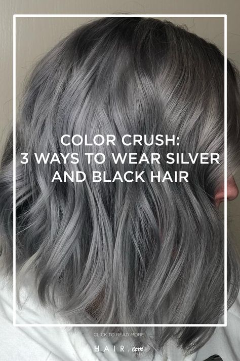 Black Hair Gray Streak, Going Silver From Brunette, Metallic Hair Color Grey Silver, Grey Blending Black Hair, Grey Hair With Black Highlights, Black And Silver Hair Short, Dark Ash Grey Hair Color, Silver Hair Highlights On Black Hair, Dark Silver Hair Color