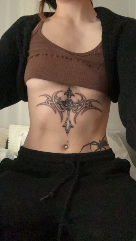 Lower Chest Tattoo, Sternum Tattoos, Cute Thigh Tattoos, Black Mandala, Cross Tattoos For Women, Full Back Tattoos, Chest Tattoos For Women, Stomach Tattoos, Stylist Tattoos