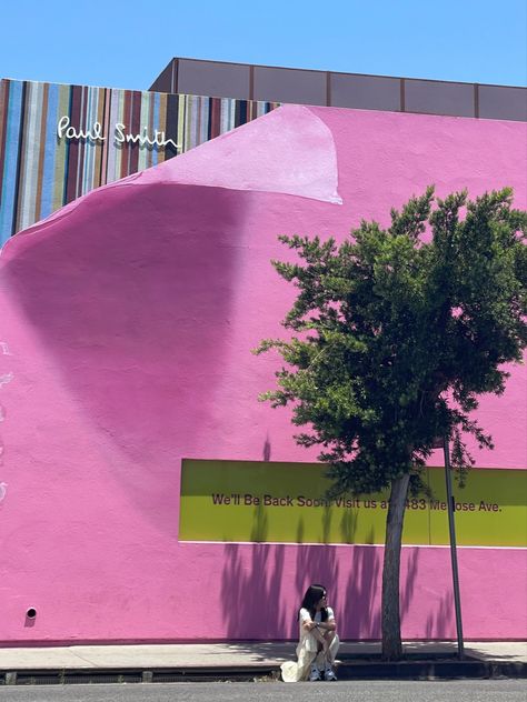 paul smith pink wall in los angeles Pink Los Angeles, Pink Wall La, Pink Aesthetic Building, The Pink Wall Los Angeles, Light Pink City Aesthetic, Paul Smith 1999, Pink Walls, Paul Smith, Angel