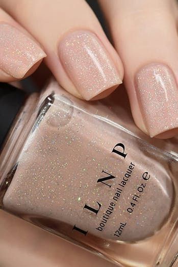 Neutral Bridal Party Nails, Shimmer Beige Nails, Neutral Fall Wedding Nails, Neutral Shiny Nails, Bridal Nails Gel Polish, Cream Shimmer Nails, Wedding Nail Polish Colors, Sheer Sparkly Nails, Natural Shimmer Nails