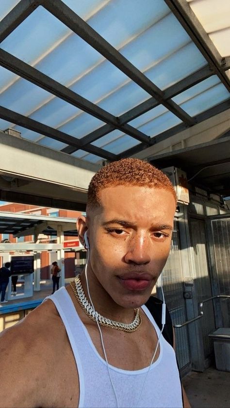 Buzzcut Men Fade Black, Black Man Colored Hair, Ginger Hair Men Black, Buzzcut Men Black, Brown Dyed Hair Men, Ginger Black Man, Black Men Buzzcut, Black Men Hair Color Ideas, Mens Hair Dye Ideas Colour