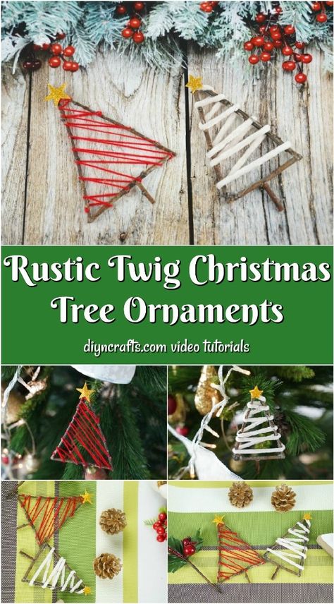 Rustic Twig Christmas Tree Ornaments are a perfect addition to your holiday tree! Gather a few twigs from the yard, grab your hot glue gun, and scrap yarn to create these adorable twig Christmas trees to hang on your tree this year! #rustic #rusticornaments #ornaments #christmasornaments #diyornaments Christmas Tree Inspiration Rustic, Christmas Tree Ornament Crafts, Twig Christmas Tree, Twig Crafts, Stick Christmas Tree, Yarn Trees, Diy Christmas Tree Ornaments, Christmas Tree Branches, Scrap Yarn