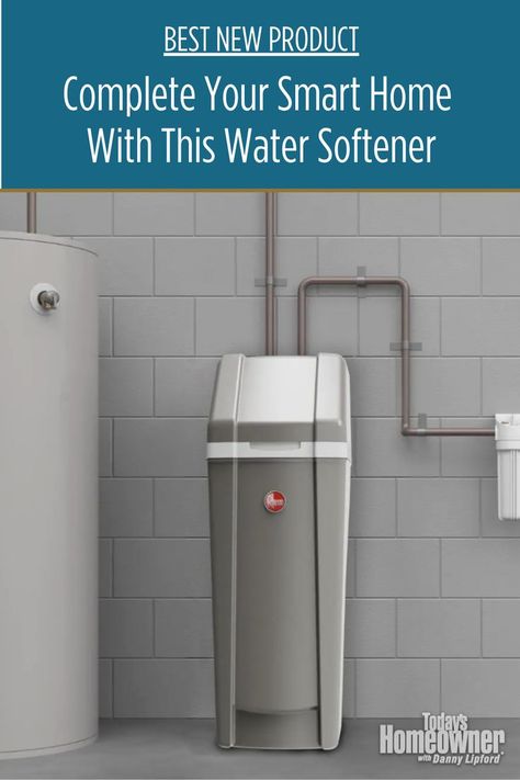 Rheem water softener, seen connected to a home's water supply in the basement. Water Softener System, Water Softener, Water Quality, Take Control, Be Prepared, Small Trash Can, Smart Home, New Products, New Product