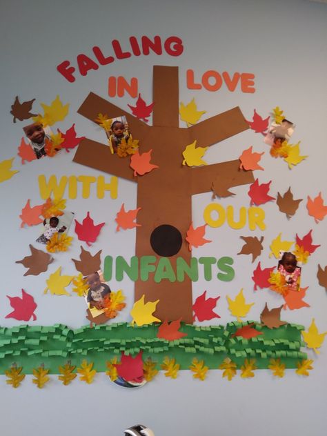 Fall Decorations For Infant Classroom, Fall Daycare Room Ideas, Classroom Decor For Infants, Fall Classroom Board Ideas, Fall Infant Room Decorations, Fall Bulletin Board Ideas For Preschool Classroom Door, September Bulletin Boards For Daycare, Infant Room Themes Daycare, Infant Room Daycare Decorations Fall