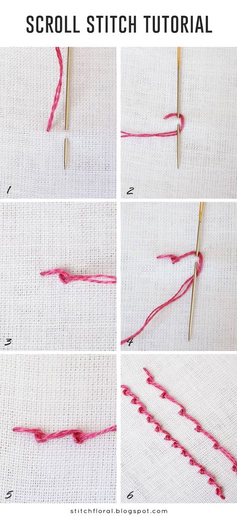 Scroll stitch tutorial #embroidery #handembroidery #stitching #stitch #scrollstitch #needlework #tutorial Scroll Stitch Embroidery Designs, Scroll Stitch Embroidery, Stitch Tutorial Embroidery, Hand Embroidery Stitches Tutorial, Scroll Stitch, Fabric Applique Diy, Tutorial Embroidery, French Knot Stitch, Crazy Quilt Stitches