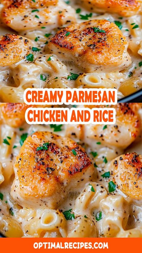 Looking for a cozy, weeknight dinner that's a total game-changer? This One-Pan Creamy Parmesan Chicken and Rice recipe is the answer! Juicy chicken, rich Parmesan, and perfectly seasoned rice all come together in one pan—minimal clean-up, maximum flavor! Save this pin for a delicious, hassle-free meal that your whole family will love. Perfect for busy nights when you want something comforting yet simple. Fall Rice Recipes, Creamy Parmesan Chicken And Rice, Easy Fall Weeknight Dinners, Simple Chicken Casserole Recipes, One Pan Chicken And Rice, Parmesan Chicken And Rice, Chicken Entree, Creamy Parmesan Chicken, Pan Dishes