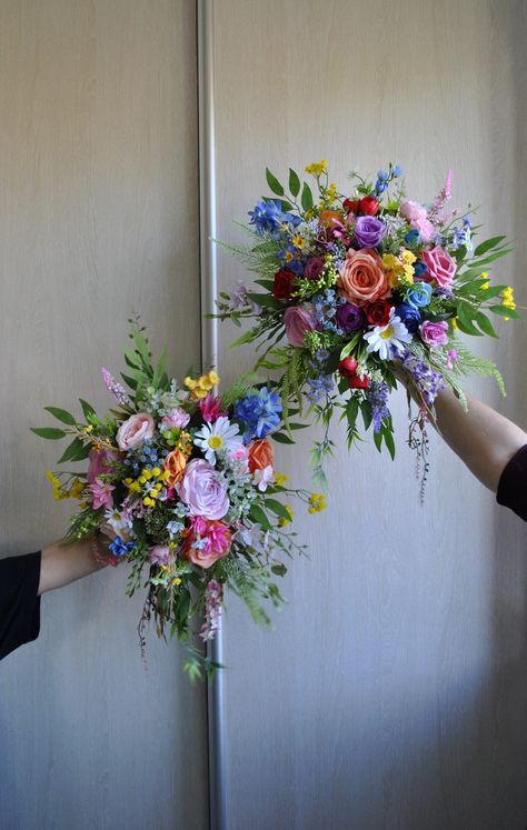 Fresh lavender and yellow wedding scheme. Unique Flowers For Wedding, Wedding In June Colors, Multi Colored Wedding Bouquets, Colorful Theme Wedding, Bright Jewel Tone Wedding Flowers, Colorful May Wedding, Wild Flower Wedding Theme Decor, Affordable Flowers For Wedding, Bold Summer Wedding Colors