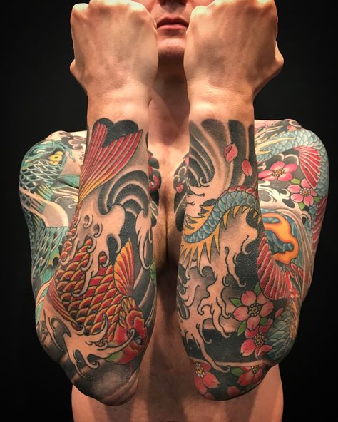 Japanese Dragon And Koi Fish Tattoo, Traditional Japanese Tattoos Yakuza, Color Koi Fish Tattoo, Koi Fish Dragon Tattoo, Koi Fish And Dragon Tattoo, Koi And Dragon Tattoo, Japanese Tattoo Color, Japanese Koi Fish Tattoo Sleeve, Koi Fish Forearm Tattoo