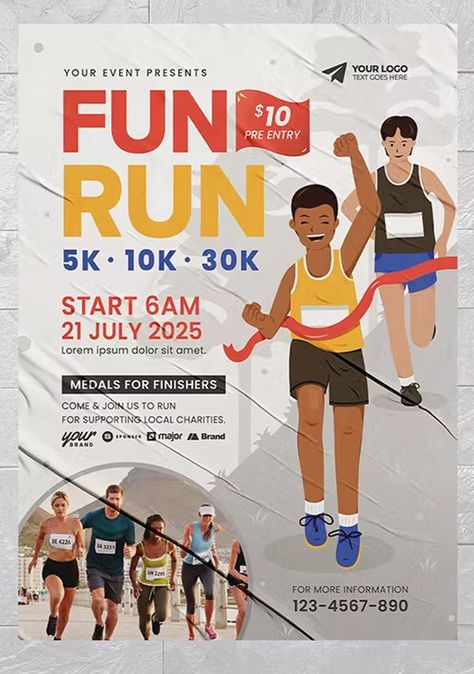 Fun Run Marathon Flyer Template AI, EPS Marathon Design, Save The Date Posters, Sport Campaign, Visual Identity Design Branding, Marathon Logo, Marathon Posters, Run Marathon, Sports Campaign, Park Concept