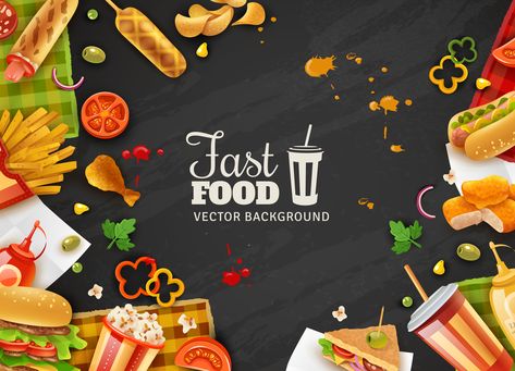 Fast Food Black Background Poster Fastfood Restaurant, Street Food Business, Background For Editing, Hand Drawn Logo Design, Pink And White Background, Food Background, Fast Food Menu, Colorful Frames, Food Backgrounds